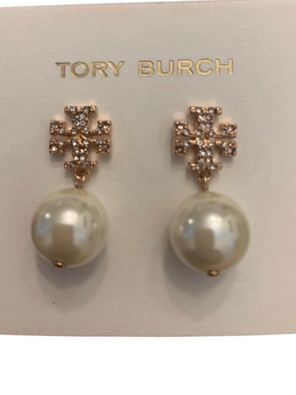 Tory Burch Rose Gold Logo Drop Earrings with Cream Pearls